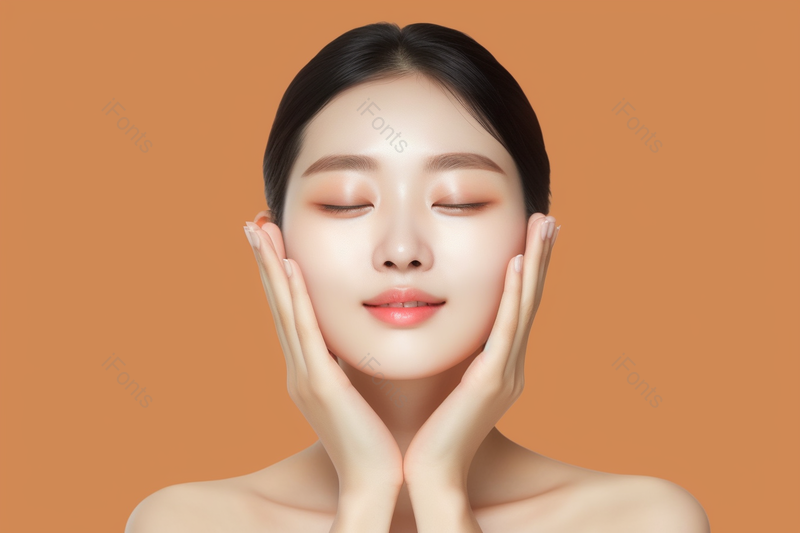 黄色背景美女美白护肤肌肤保养补水洗脸动作面部摄影图,高清,摄影图,摄影图片,图片大全,摄影图免费下载